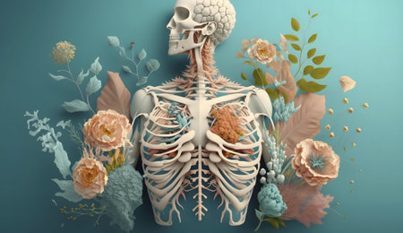 Surreal artwork blending human anatomy with delicate flowers, creating a visually striking and thought-provoking image.の写真素材