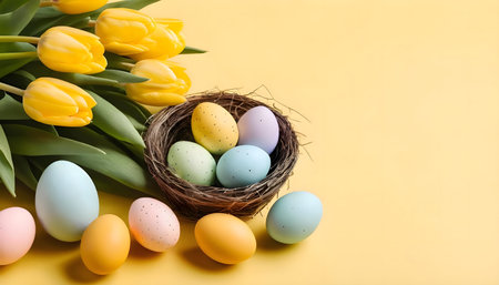 Pastel Easter eggs in a bird's nest, surrounded by yellow tulips. A cheerful spring scene.