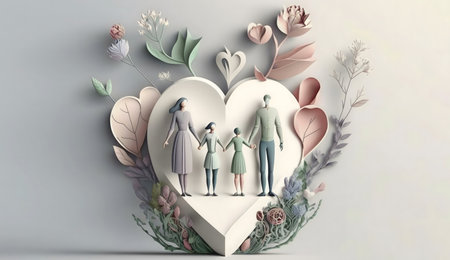 A paper art illustration of a family within a heart shape, surrounded by delicate flowers and leaves. Symbolizing family love and togetherness.の写真素材