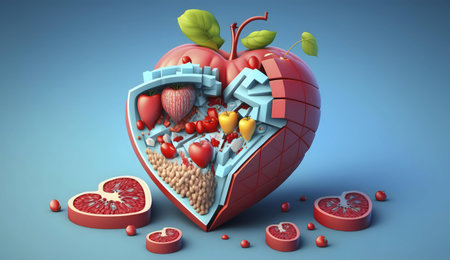 3D rendering of a heart-shaped apple revealing various fruits inside, representing health and love.の写真素材
