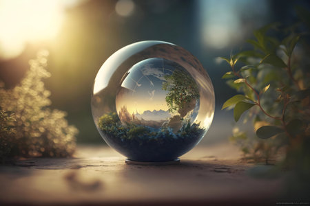 A glass sphere holds a miniature earth, reflecting a stunning sunset. Surrounding greenery emphasizes environmental harmony.の写真素材