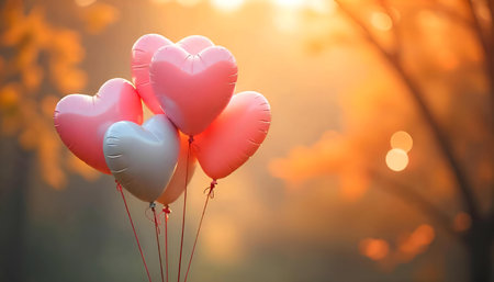 Pink and white heart shaped balloons float against a warm sunset backdrop.の写真素材