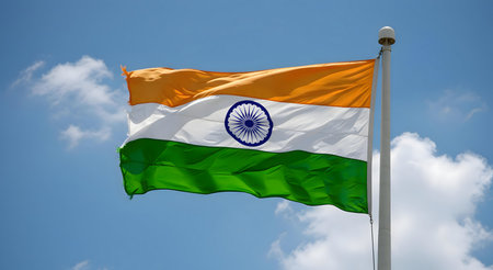 The Indian flag, a symbol of national pride, billows proudly in the wind.の写真素材