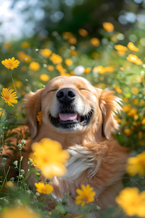 A happy golden retriever rests in a field of yellow flowers on a sunny day.の写真素材