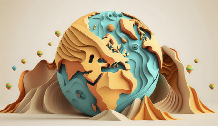 A vibrant papercraft globe nestled in sculpted hills, hot air balloons soar above. An artistic journey around the world.の写真素材