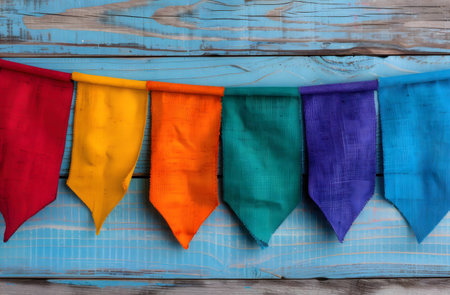 A string of colorful pennants hangs against a rustic blue wood background.の写真素材