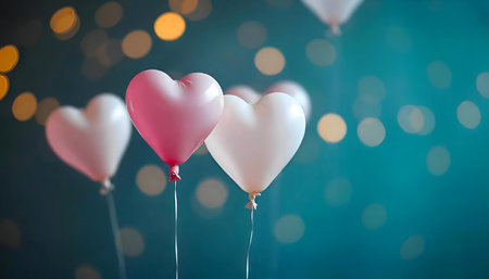 Heart-shaped balloons in pink and white float against a teal backdrop. A romantic and festive scene.の写真素材