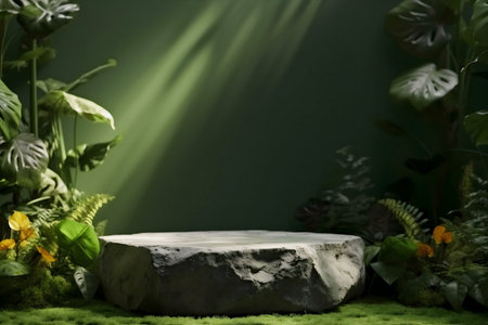 A gray stone platform sits amidst vibrant greenery, bathed in soft, green light. Perfect for product display.の写真素材