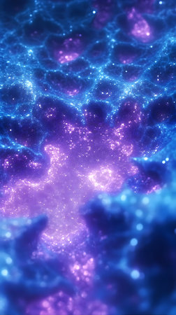 A mesmerizing abstract image depicting a cosmic nebula with vibrant purple and blue hues. Glowing...