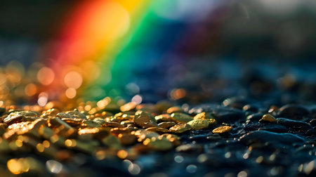 Close-up view of golden nuggets on dark rocks with a blurry rainbow background.の写真素材