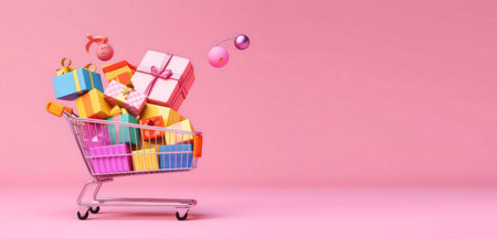 A shopping cart overflowing with colorful gifts on a pink background. A festive and joyful image.の写真素材