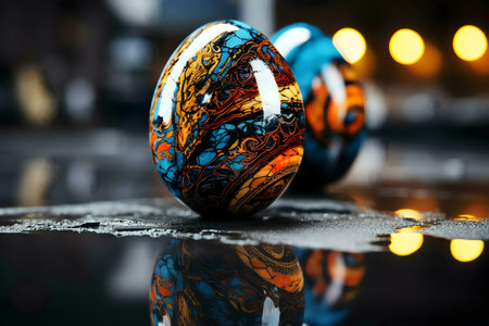 Two intricately painted Easter eggs sit on a dark surface. Their vibrant colors and designs are beautifully reflected.の写真素材
