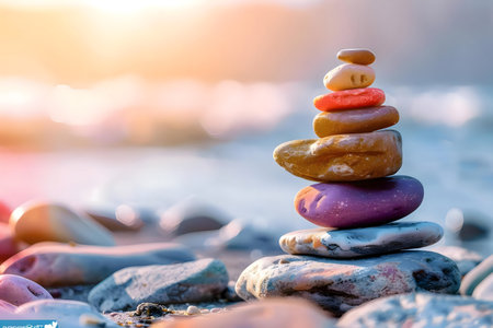 Peaceful stones balanced on a beach at sunset. A serene and tranquil scene.の写真素材