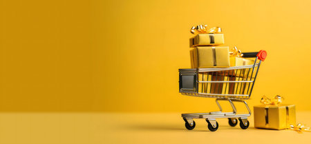 A miniature shopping cart overflowing with golden gifts against a vibrant yellow backdrop. Festive...