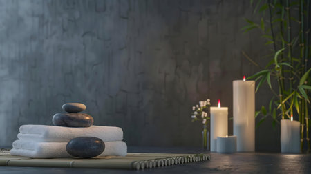Spa-like atmosphere. Stacked stones on towels, candles, and bambooの写真素材