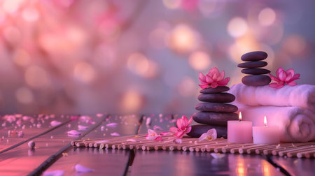 Spa ambiance with stacked stones, pink blossoms, and candles.