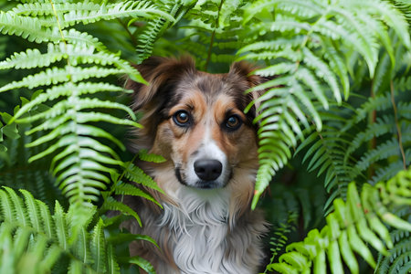 A delightful image of a fluffy dog peeking through vibrant green ferns.の写真素材