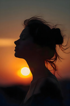 Silhouette of a woman at sunset, peaceful and serene.の写真素材