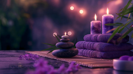 A serene spa setting with purple candles, stacked towels, and a zen stone arrangement.の写真素材