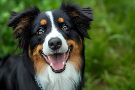 A cheerful Australian Shepherd dog in a close-up shot, smiling happily amidst a green grassy background.の写真素材