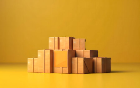 Golden boxes stacked creatively on a yellow backdrop. Abstract packaging concept.の写真素材