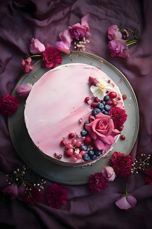 A beautiful pink ombre cake adorned with roses and berries, captured in a stunning overhead shot.の写真素材