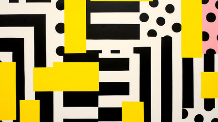 A vibrant abstract painting featuring bold geometric shapes and patterns in black, white, and...