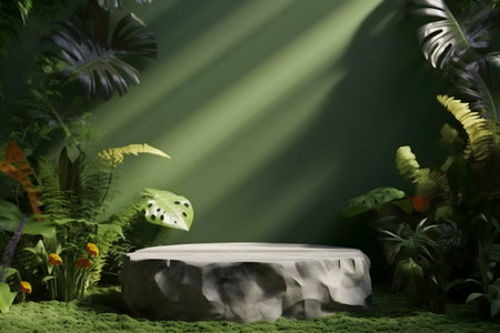 A tranquil jungle scene featuring a stone platform amidst lush greenery, perfect for product display.の写真素材