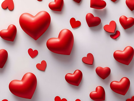 Many red hearts scattered on a white background. Perfect for Valentine's Day or romantic designs.の写真素材