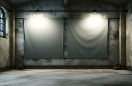 A dark, industrial gallery with two large blank canvases. Perfect for art or advertising