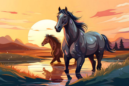 Two horses gracefully walk near a lake during a vibrant sunset. The tranquil scene is painted with warm colorsの写真素材