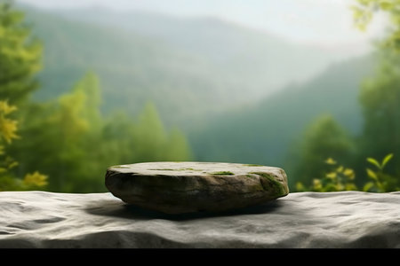A stone platform sits majestically overlooking a lush, serene mountain vista. Calm and peaceful.の写真素材