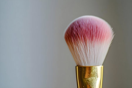 A detailed close-up shot of a luxurious makeup brush, showing its soft pink blush and golden handle.の写真素材