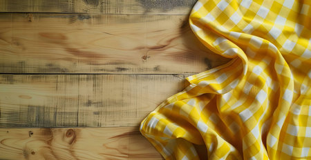 Rustic wooden background with a yellow gingham tablecloth. Perfect for food photography.の写真素材