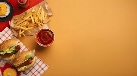 Two juicy burgers, golden fries, and a bowl of ketchup displayed beautifully on a vibrant background.の写真素材