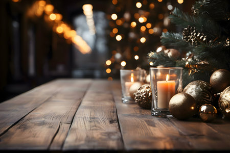 A rustic wooden table holds lit candles and golden Christmas ornaments, with a blurred Christmas tree and lights in the background.の写真素材