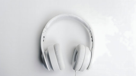 A pair of sleek white headphones rests on a white background, showing its minimalist design.の写真素材