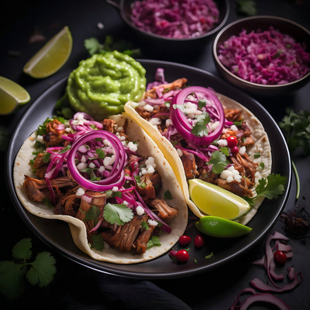 Two mouthwatering tacos filled with pulled pork, red onion, cilantro, and cotija cheese, served with guacamole and lime wedges.の写真素材