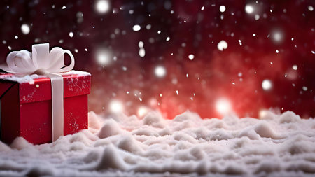 Red gift box with white ribbon in the snow. Christmas celebrationの写真素材