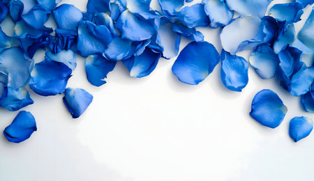 A beautiful border of blue rose petals scattered on a white background. Perfect for romantic design.の写真素材