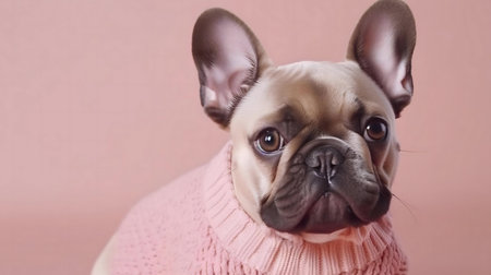 Close-up portrait of a cute French Bulldog wearing a pink sweater against a soft pink background.の写真素材