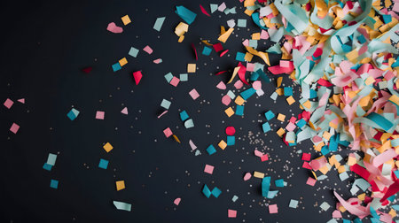 Colorful confetti scattered on a dark background. Perfect for celebration themes.の写真素材