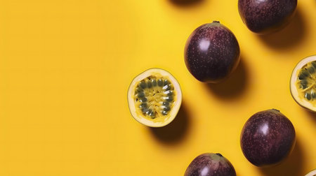 Close-up of whole and halved passion fruits arranged on yellow background.の写真素材