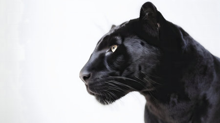 Close-up profile of a magnificent black panther, showing its intense gaze and sleek coat. A captivating wildlife portrait.の写真素材