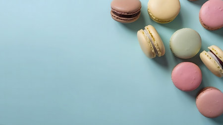 A delightful arrangement of pastel-colored macarons on a light blue background. Sweet and colorful.の写真素材