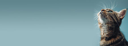 A beautiful tabby cat looks upwards, showcasing serenity and tranquility. The simple background enhances the cat's majestic presence.の写真素材