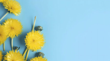 Close-up of yellow dandelions arranged on a light blue backdrop. Springtime floral composition.の写真素材