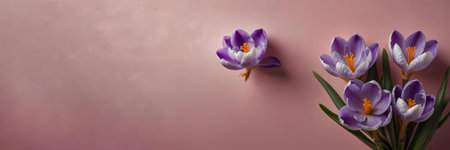 A stunning image of purple crocuses against a soft pink backdrop. The vibrant colors and delicate petals create a serene and beautiful scene.の写真素材