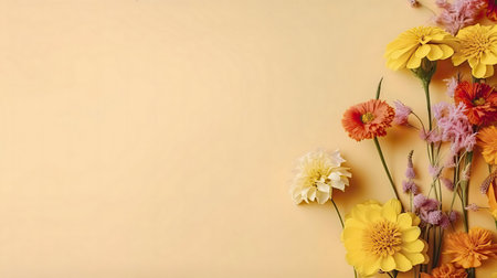 Pastel-colored summer flowers on a beige background. A delightful composition of various blooms.の写真素材
