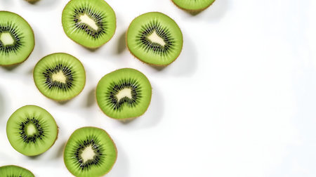 A vibrant flat lay image of fresh kiwi slices arranged on a white background.の写真素材